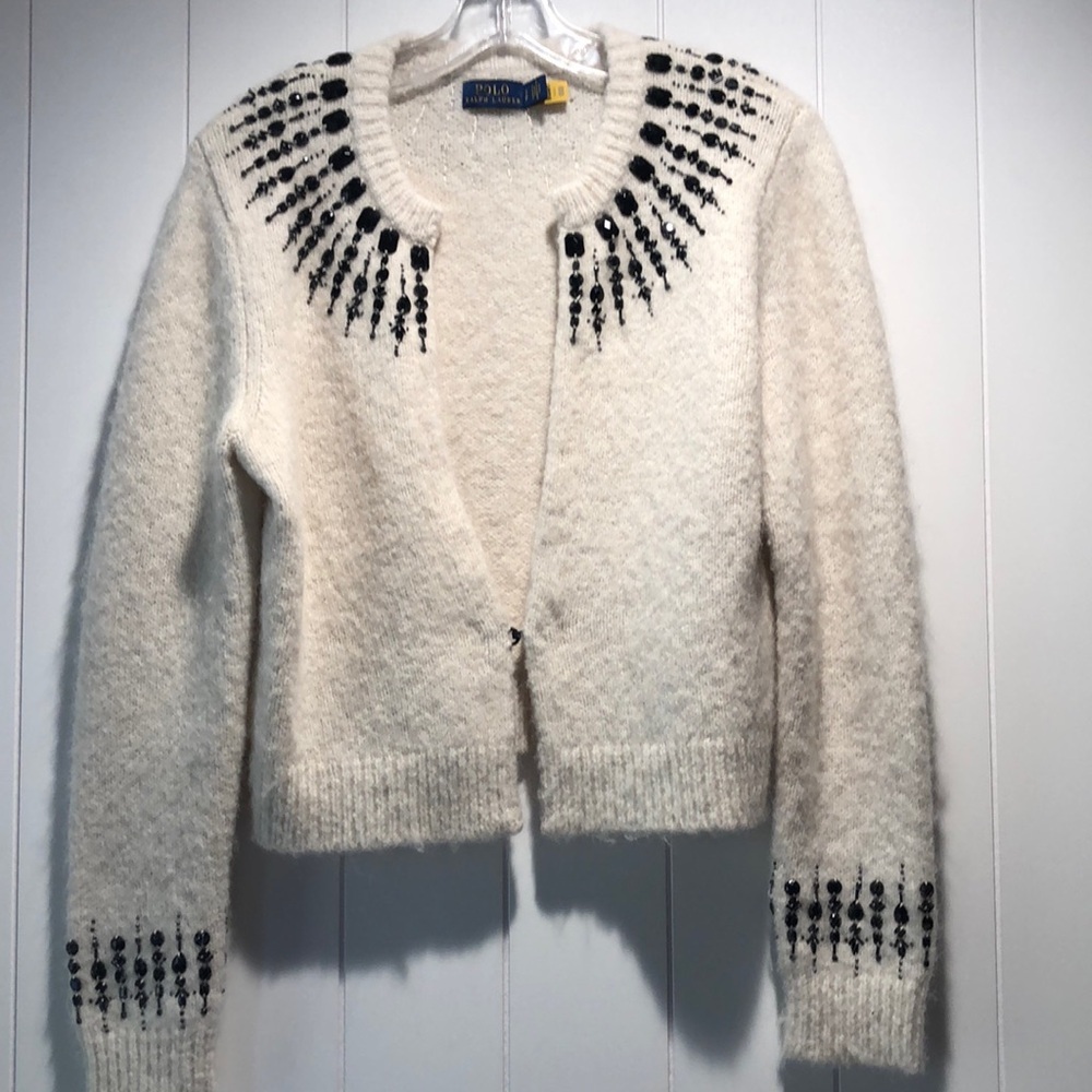 Polo Ralph Lauren like new wool sweater w black beaded embellish collar n cuff